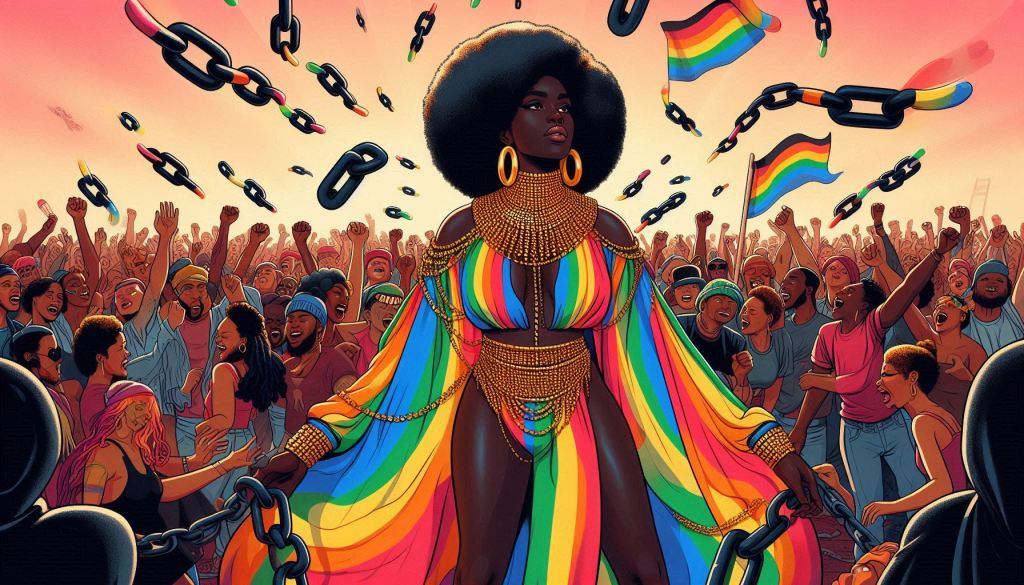 AI generated image of a crowd celebrating queer and Black liberation. The image features a femme-presenting Black person dressed in flowing rainbow garments and decorated with chunky gold jewellery holding broken chains. She is surrounded by a crowd of Black and brown bodies cheering, raising Black fists in the air, cheering, and dancing.